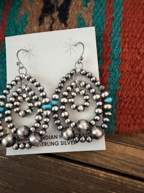 Handcrafted Turquoise and Sterling Silver Pearl Beaded Dangle Earrings