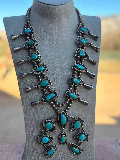 Estate Collection Old Pawn Turquoise & Sterling Silver Squash Blossom Necklace