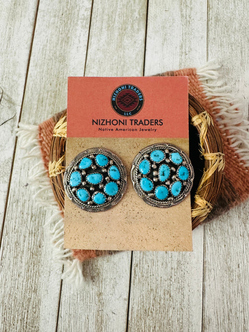 Old Pawn Navajo Sterling Silver & Kingman Turquoise Cluster Post Earrings