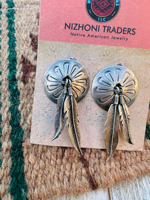 Handcrafted Old Pawn Sterling Silver Feather Concho Dangle Earrings
