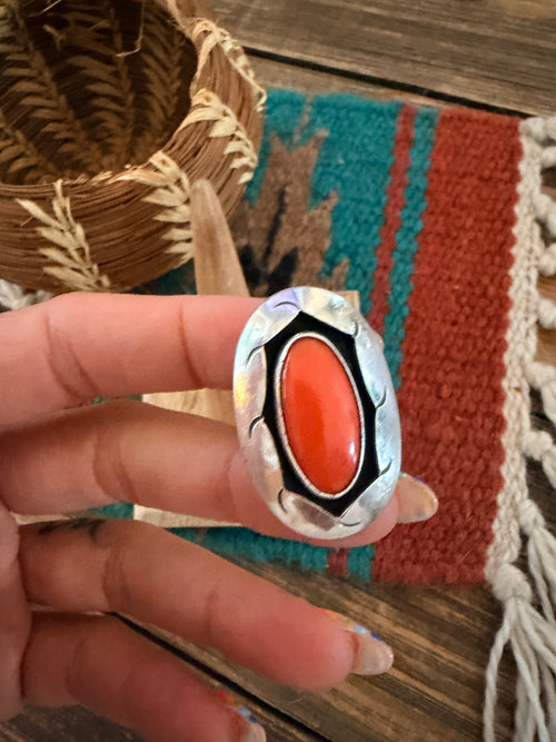 Old Pawn Handcrafted Coral & Sterling Silver Ring Size 5.75