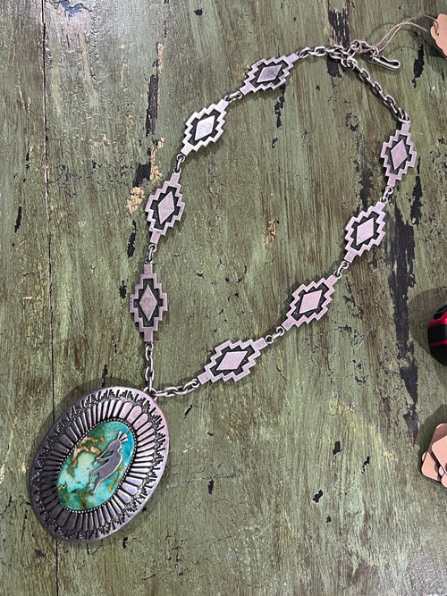 Vintage Handcrafted Sterling Silver and Royston Turquoise Kokopelli Necklace by Tommy Jackson
