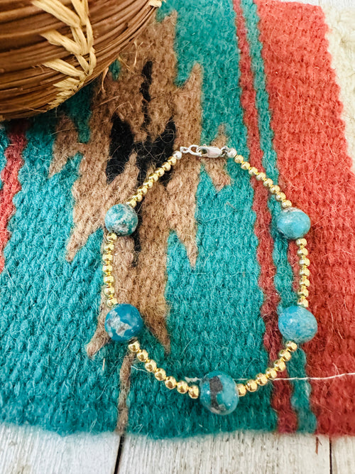 Handcrafted Gold Plated Sterling Silver Pearl & Turquoise Beaded Bracelet