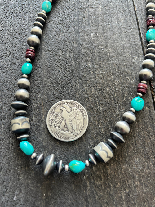 Navajo Made Electric Rainbow Sterling Silver, Turquoise and Spiny Oyster Single Strand Beaded Necklace by Rose Martin, 20 + 2 Inches