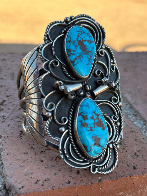 Estate Collection Old Pawn Sterling Silver & Turquoise Cuff Bracelet /