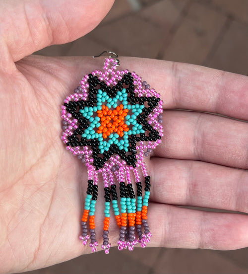 Handmade MultiColor Beaded Dangle Earrings (Purple, Turquoise, Orange)