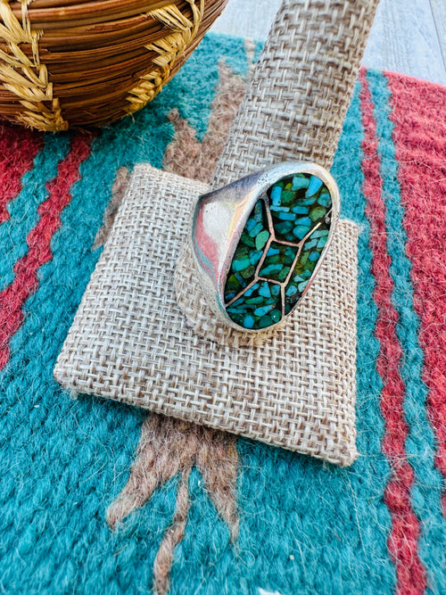 Old Pawn Handcrafted Kingman Turquoise & Sterling Silver Cigar Band Ring Size 11.75