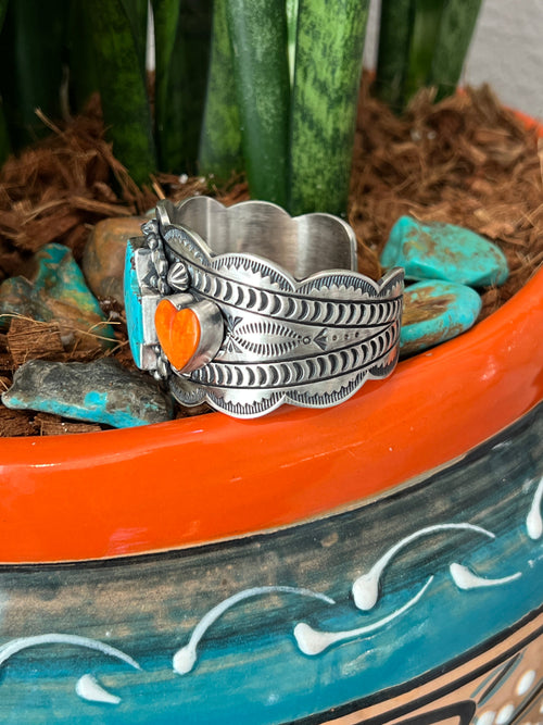Handcrafted Sterling Silver, Kingman Turquoise and Spiny Oyster Santa Fe Cross Cuff Bracelet by Murphy Platero