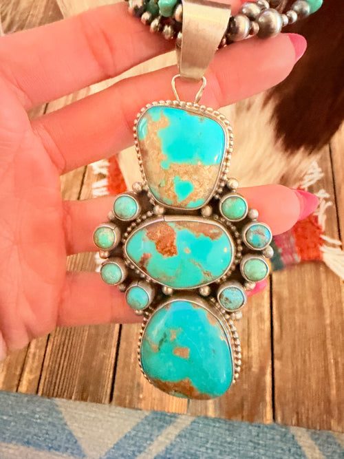 Handcrafted Turquoise & Sterling Silver Cluster Beaded Necklace by Sheila Becenti