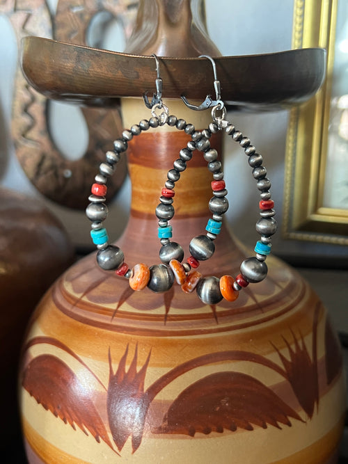 Navajo Made Electric Rainbow Sterling Silver, Turquoise & Spiny Oyster Beaded Drop Hoop Earrings, Leverback