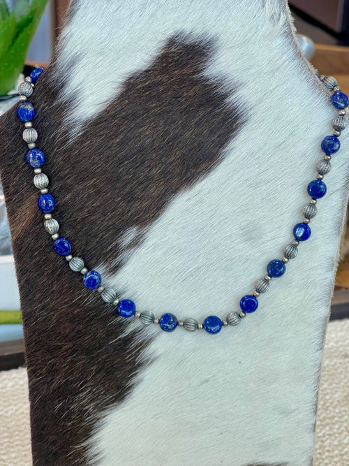 ** 4TH OF JULY ** Handmade Sterling Silver & Lapis Beaded Necklace Signed Nizhoni