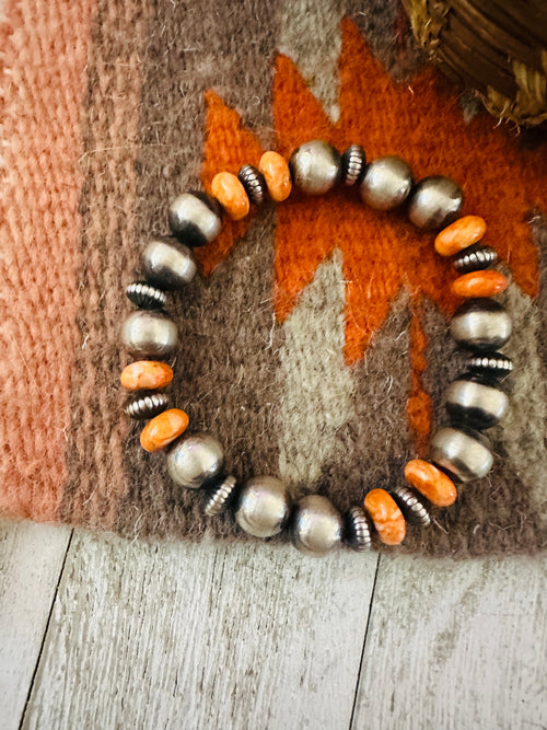 Navajo Orange Spiny & Sterling Silver Beaded Stretch Bracelet