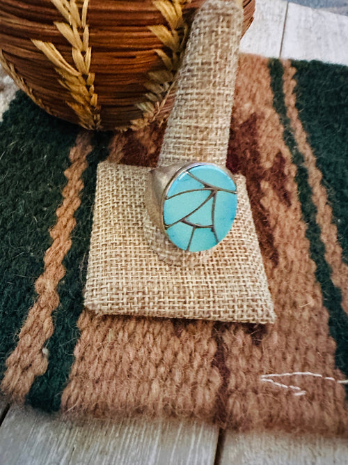 Old Pawn Handcrafted Turquoise & Sterling Silver Inlay Ring Size 12.5