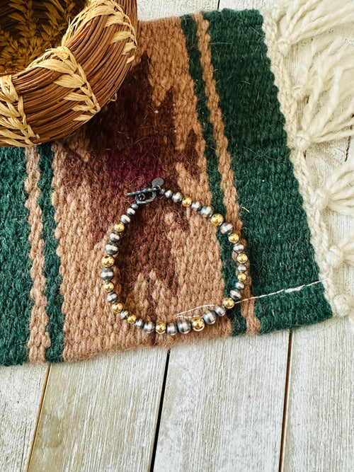 Handcrafted Gold Plated Sterling & Sterling Silver Pearl Beaded Bracelet