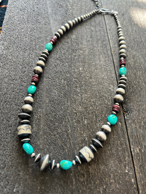 Navajo Made Electric Rainbow Sterling Silver, Turquoise and Spiny Oyster Single Strand Beaded Necklace by Rose Martin, 20 + 2 Inches