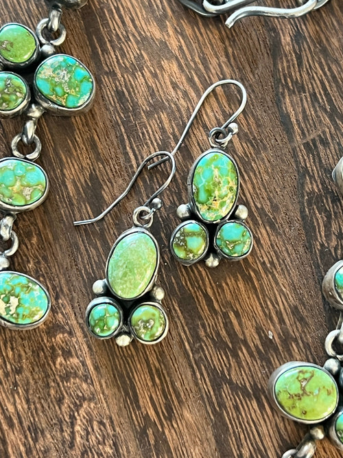 Navajo Sterling Silver and Sonoran Gold Turquoise Electric Rainbow Cluster Necklace with Earrings by Bea Tom