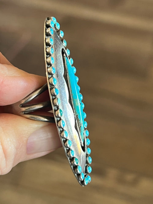 Old Pawn Sterling Silver and Turquoise Shadowbox Ring Signed LM