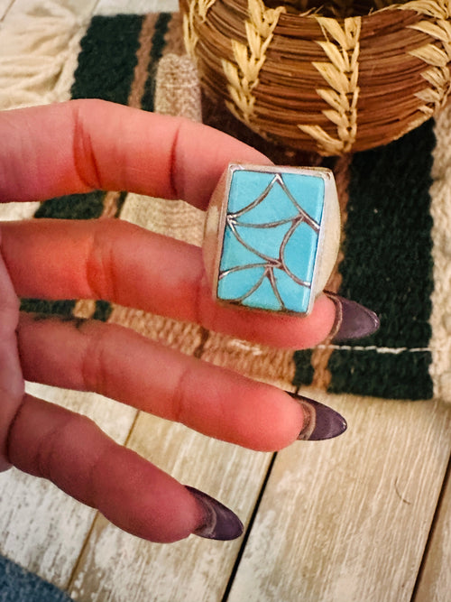 Old Pawn Handcrafted Turquoise & Sterling Silver Inlay Ring Size 11.75