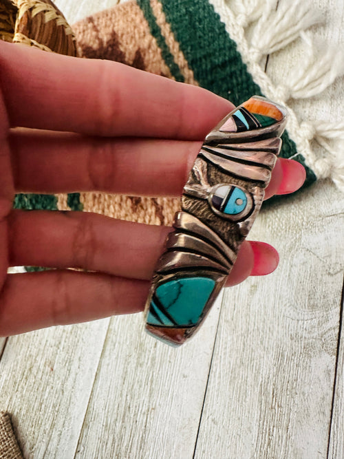 Handcrafted Old Pawn Multi Stone & Sterling Silver Inlay Cuff Bracelet