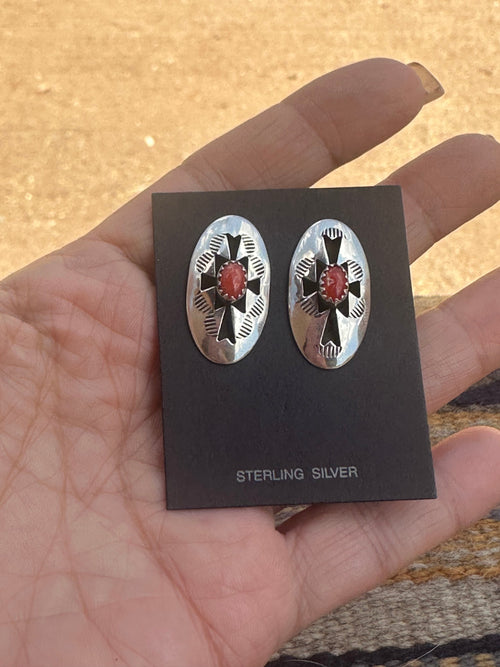 Old Pawn Sterling Silver and Coral Shadow Box Post Earrings