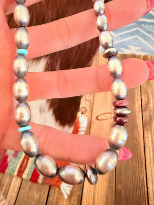 Handcrafted Turquoise, Spiny & Sterling Silver 20” Beaded Necklace