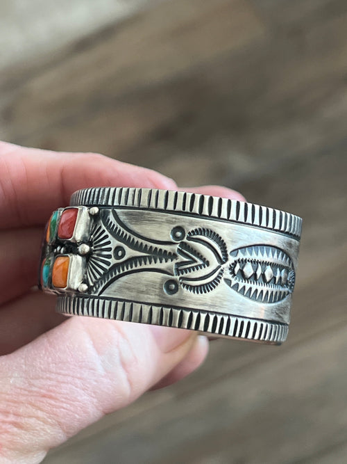 Handcrafted Electric Rainbow Turquoise and Spiny Oyster Cuff Bracelet by Bernyse Chavez /