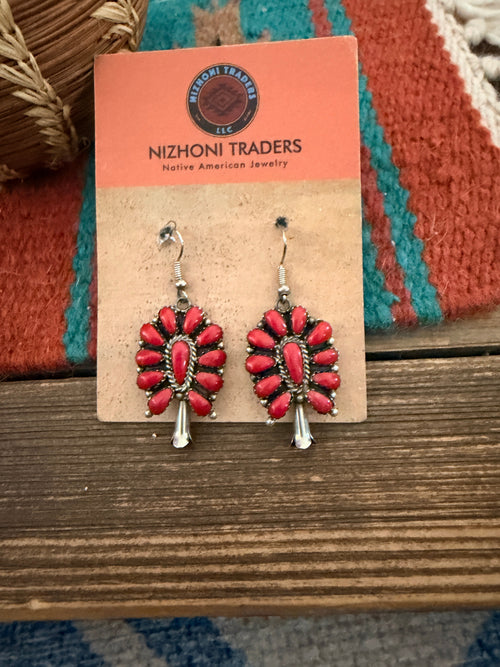 Handcrafted Old Pawn Sterling Silver & Coral Cluster Dangle Earrings