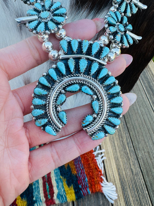 Old Pawn Handcrafted Turquoise & Sterling Silver Squash Blossom Necklace
