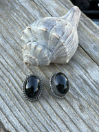 Handcrafted Vintage Sterling Silver Black Onyx Oval Clip On Earrings Signed