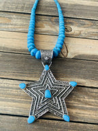 Handcrafted Turquoise & Sterling Silver Tufa Cast Star Beaded Necklace