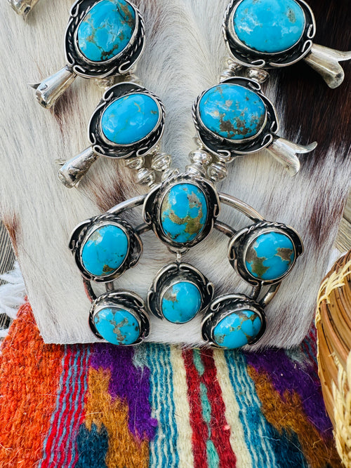 Old Pawn Handcrafted Morenci Turquoise & Sterling Silver Beaded Squash Blossom Necklace by Gilbert Nez