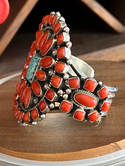 Navajo Sterling Silver, Mediterranean Coral and Spiderweb Kingman Turquoise Cuff Bracelet by Tyler Brown