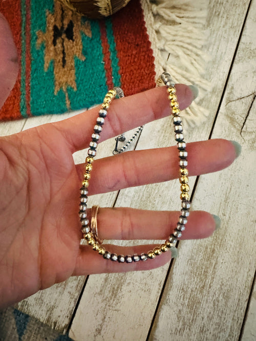 Navajo Sterling Silver & Gold Beaded 16” Necklace