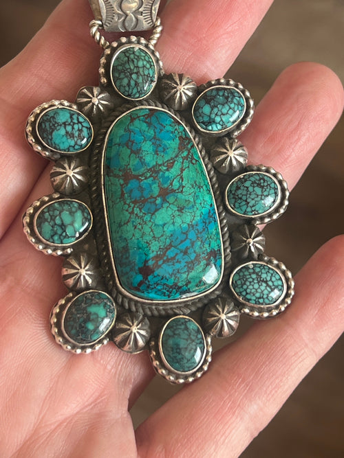Apache Made Sterling Silver, Hubei Turquoise & Chrysocolla Cluster Pendant by Rosella Paxson