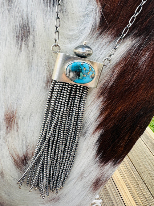Handcrafted Morenci Turquoise & Sterling Silver Beaded Tassel Necklace