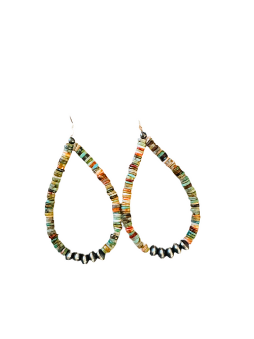 Navajo Turquoise, Spiny & Sterling Silver Beaded Teardrop Hoop Earrings