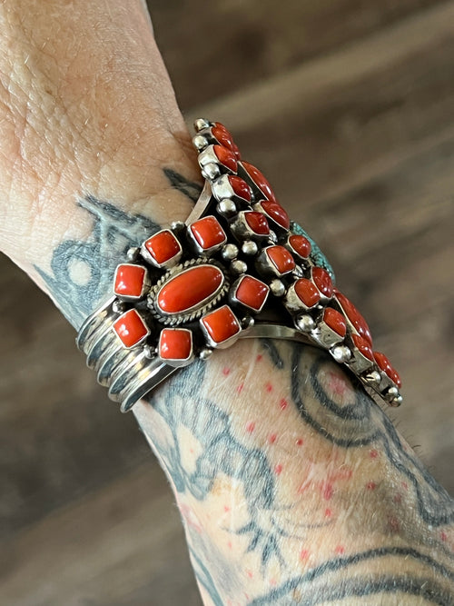 Navajo Sterling Silver, Mediterranean Coral and Spiderweb Kingman Turquoise Cuff Bracelet by Tyler Brown