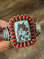 Navajo Sterling Silver, Mediterranean Coral & Golden Hills Turquoise Cuff Bracelet by Tyler Brown