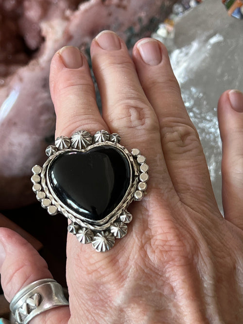Apache Sterling Silver and Black Onyx Heart Ring by Rosella Paxson, Size 9.5