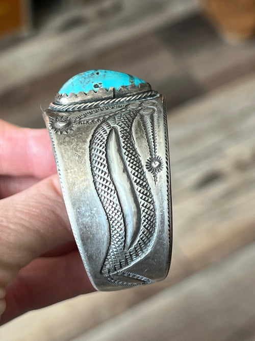 Hand Forged Old Pawn Sterling Silver Ingot Cuff Bracelet w/ Turquoise by Santa Fe Artist, Buffalo: The Spurs