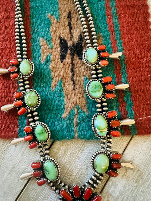 ** Christmas Collection ** Handmade Sterling Silver, Turquoise & Coral Necklace Signed Nizhoni