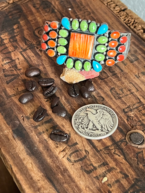 Old Pawn Don Lucas Split Stamped Sterling Silver and Multi Stone Cluster Cuff