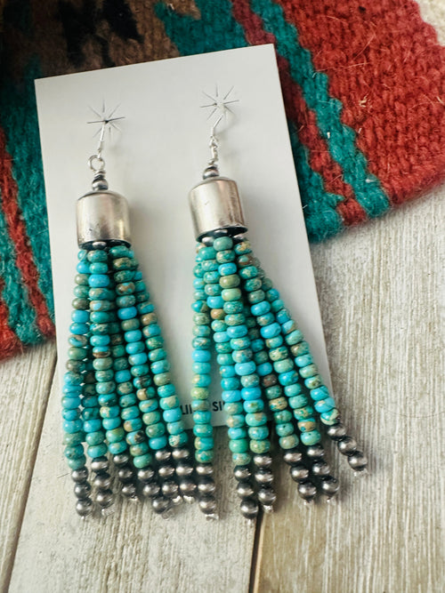 Handcrafted Turquoise & Sterling Silver Pearl Beaded Tassel Dangle Earrings