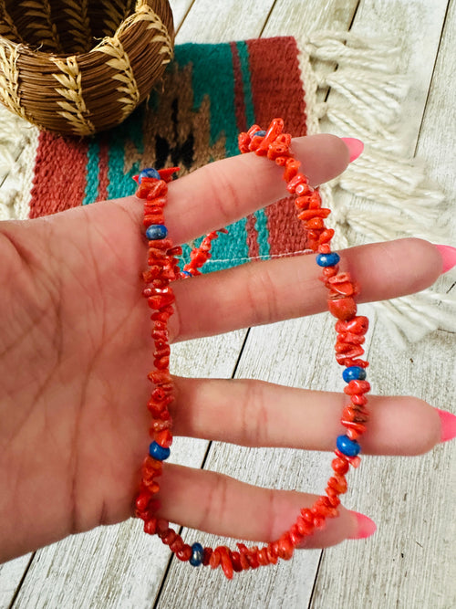 Handcrafted Apple Coral, Lapis & Sterling Beaded Necklace