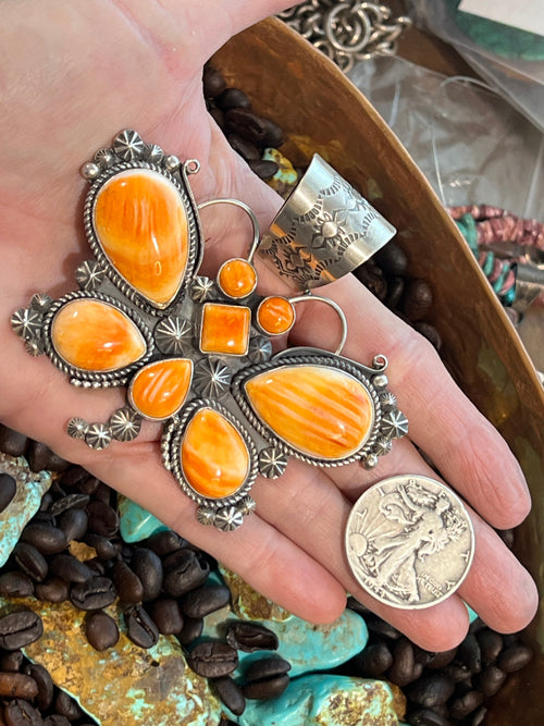 Apache Sterling Silver and Orange Spiny Oyster Shell Butterfly Pendant by Rosella Paxson