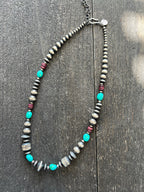 Navajo Made Electric Rainbow Sterling Silver, Turquoise and Spiny Oyster Single Strand Beaded Necklace by Rose Martin, 20 + 2 Inches
