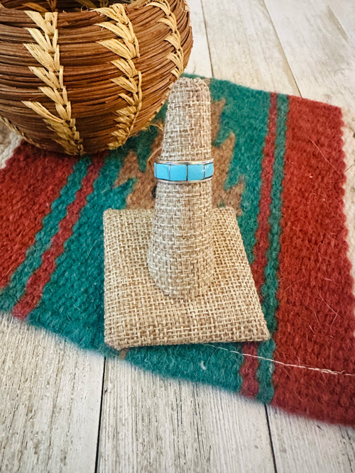 Old Pawn Navajo Sterling Silver & Turquoise Inlay Band Ring