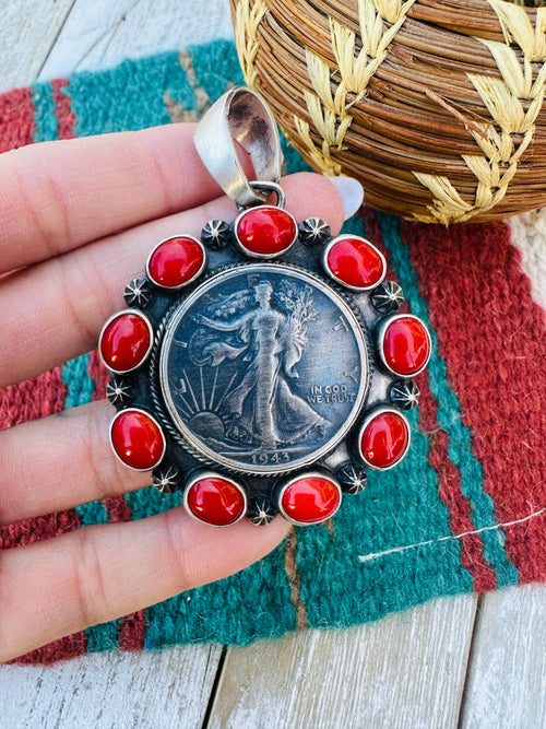 Handcrafted Sterling Silver and Coral Liberty Coin Pendant by Darrin Livingston