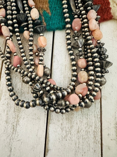 Navajo Sterling Silver Pearl & Rhodochrosite Beaded Seven Strand Necklace