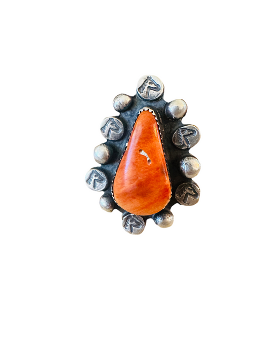 Old Pawn Navajo Sterling Silver & Orange Spiny Ring Size 8.5